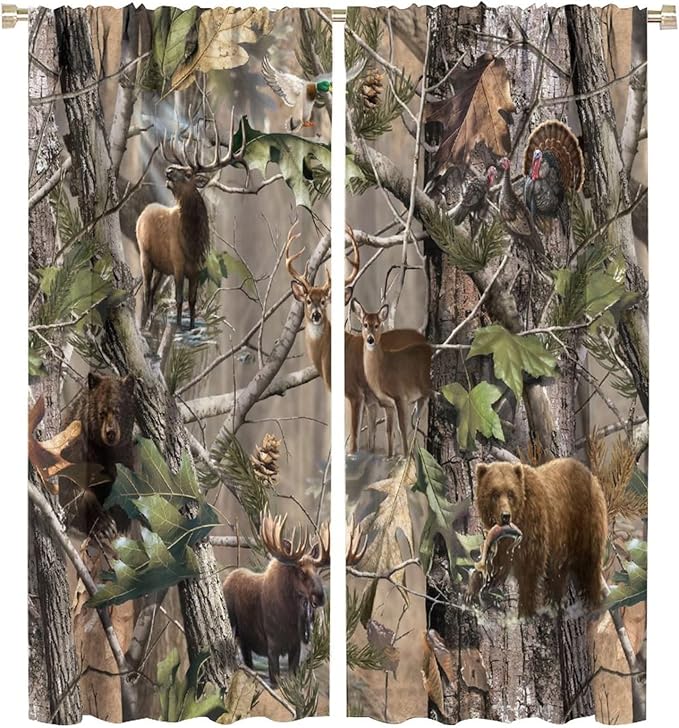 Retro Forest Window Curtains, Camouflage Hunting Tree Camo Rustic Deer Elk Bird Bear Blackout Rod Pocket Windows Door Curtain for Bedroom Living Room Home Decor 42x45in