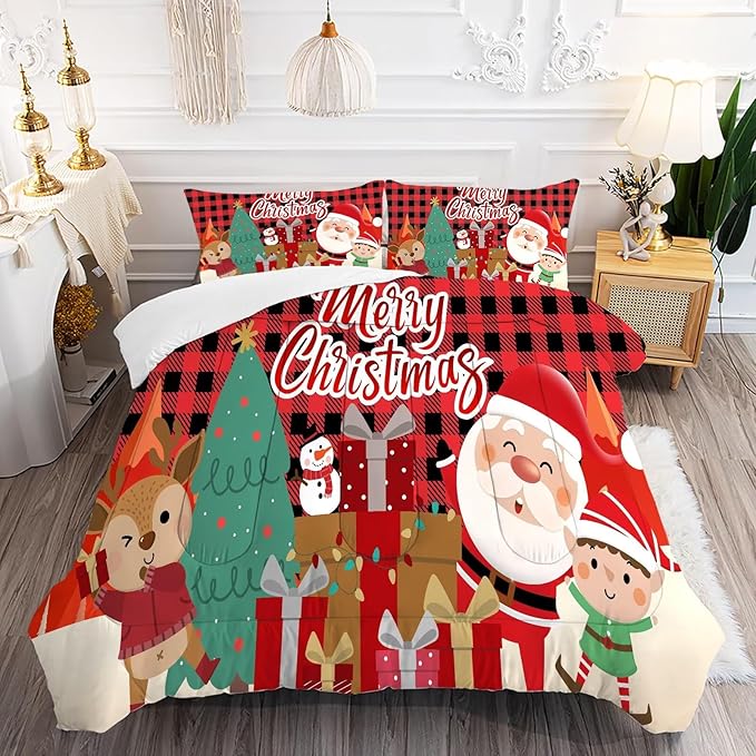 Christmas Comforter Set Twin Size Black and Red Plaid Bedding Sets Xmas Gift Christmas Themed Festival Quilt Set,1 Comforter + 1 Pillow Case