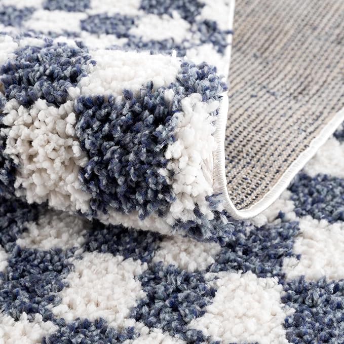 Hauteloom Kieu Contemporary Checkered Fluffy Shag Area Rug - Modern Geometric Soft Carpet Tiles for Living Room, Kids Room, Nursery - Blue, White - 5'3" x 7'