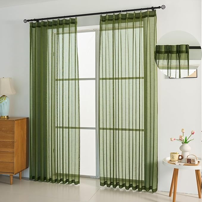 Dark Green Linen Look Pinch Pleated Sheer Curtains 108 Inches Long 2 Panels, 50 Inches Width, Rustic Textured Light Filtering Drapes, Olive Floor to Ceiling Window Curtain with Hooks