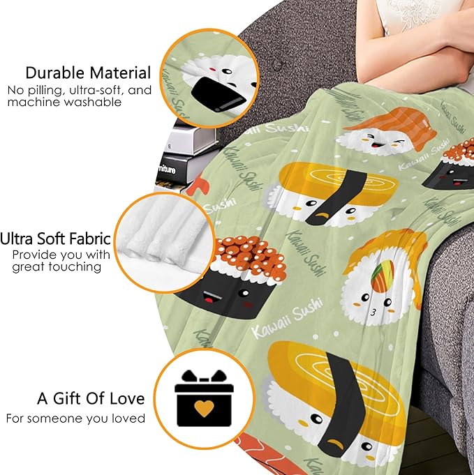 Thuswarm Cute Sushi Kawaii Flannel Throw Blanket Warm Cozy Soft Cartoon Food Print Blankets for Bed Couch Sofa Room Decoration Gifts 120”×90” Extra Large for Family