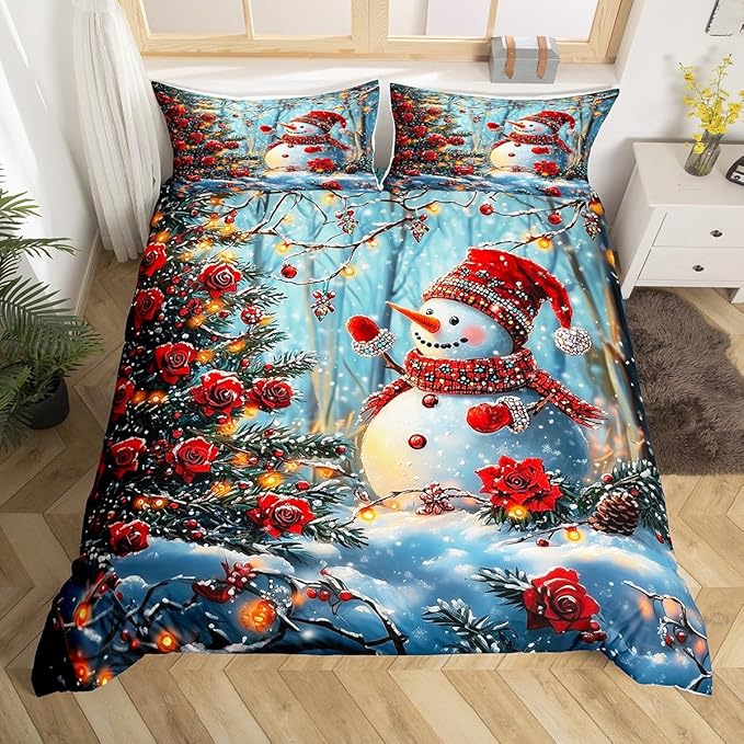 Manfei Christmas Kids Duvet Cover Set Twin Size, Cute Snowman Xmas Bedding Set for Boy Girls Room Decor, Red Flower New Year Comforter Cover, Lightweight Bedspread Cover, 1 Pillowcase, No Comforter