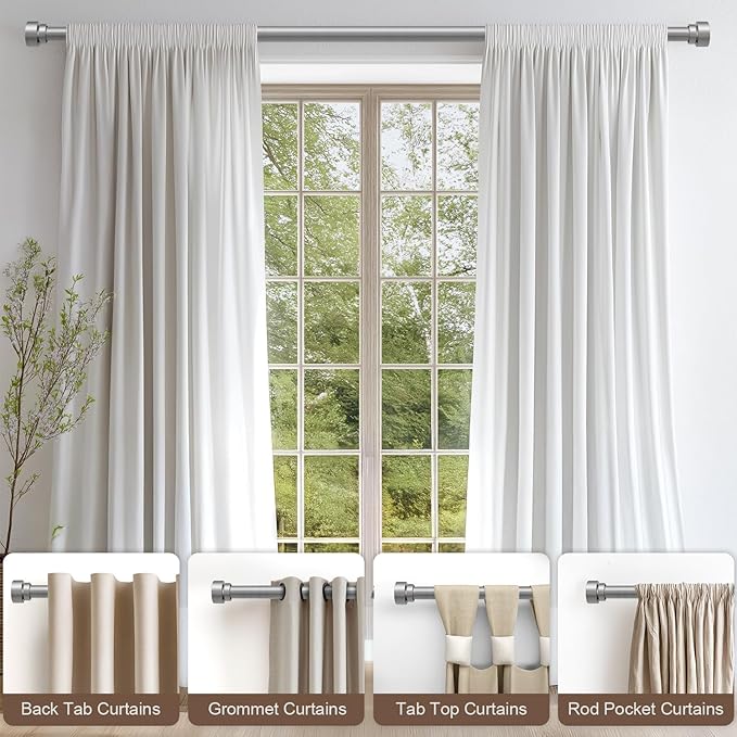 Modern Silver Curtain Rods for Windows 48 to 84 Inches Adjustable Length Heavy Duty 1" Diameter Window Curtain Rod with Decorative Finials for Outdoor Bedroom Kitchen Living Room