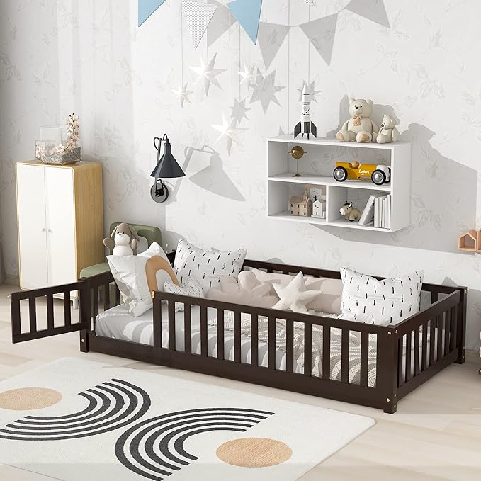 i-POOK Full Floor Bed for Children, Sturdy Wood Montessori Bed Frame with Wood Slats, Fence & Door for Girls and Boys, Espresso (with Bed Slats)