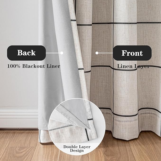MYSKY HOME 100% Blackout Plaid Linen Curtains 63 Inches Long Double Layer Farmhouse Thermal Insulated Checkered Print Drapes with Rod Pocket Back Tab for Bedroom Living Room, 2 Panels, 52"Wide, Black