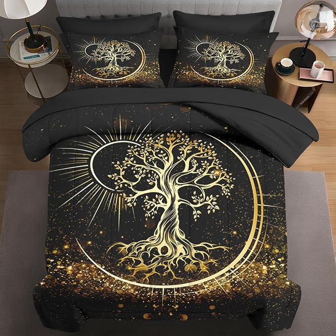7 Pcs King Size Comforter Set with 2 Pillowcases & 2 Shams, Black Sun and Moon Bedding for Kids and Adults, Nature Tree of Life Bed in a Bag with Flat Fitted Sheet
