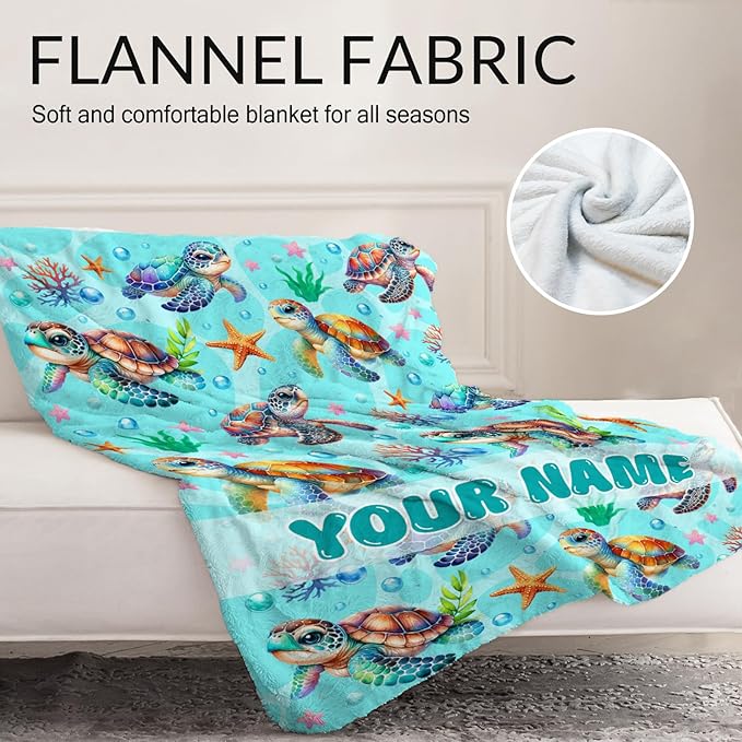 Personalized Turtle Gifts for Girls - 40" x 50" Inches Cute Turtle Throw Blanket for Boys Kids - Green Soft Fuzzy Blankets for Sofa, Crib & Bed