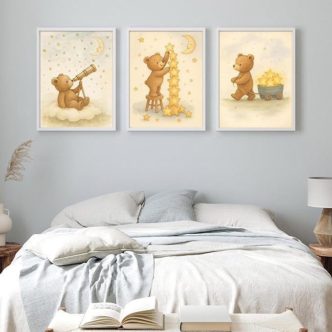 3Pcs Bear Nursery Wall Art Cute Teddy Bear with Stars and Moon Poster Animals Playing with Stars and Telescope Neutral Baby Room Decor Dreamy Prints for Kids and Babies Bedroom 12x16in Unframed