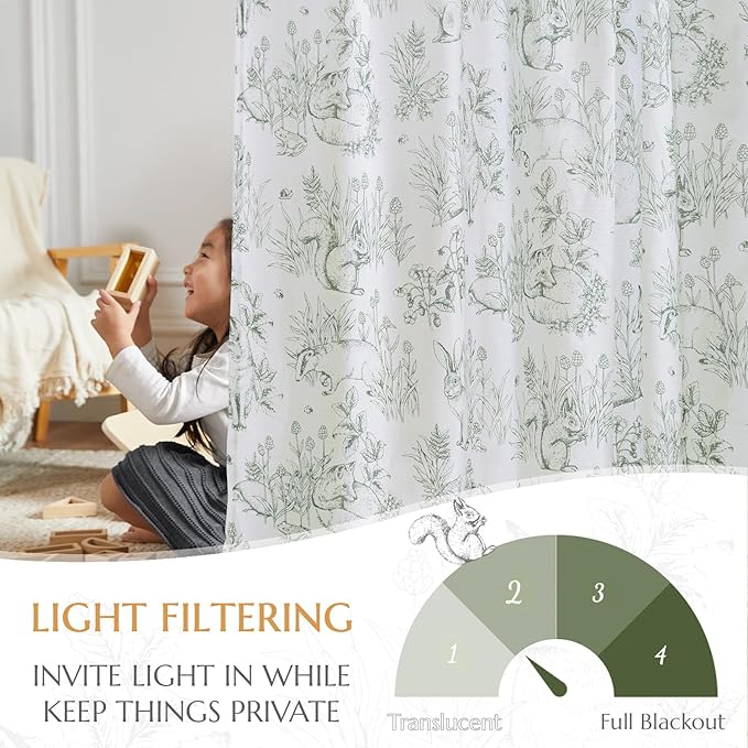 jinchan Linen Nursery Curtains 90 inch Long Woodland Wildlife Sage Green Print Drapes for Kid's Room Light Filtering French Country Farmhouse Curtains with Bunny and Forest Design Set of 2 Panels