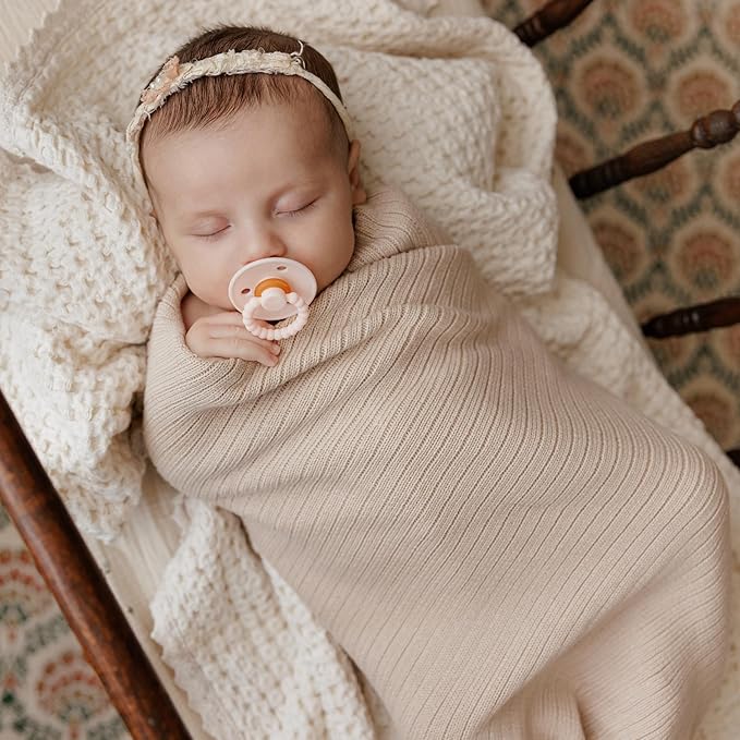 Organic Ribbed Swaddle Blanket for Boys & Girls - 100% Luxury Organic Soft Cotton Knit Warm Cozy Cuddle Stroller Blanket for Newborns, Infants, & Toddlers (Oatmeal)