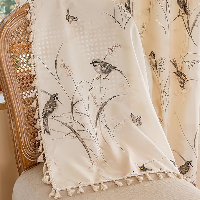 ENJOYBRIDAL Bird Patterned Curtains 96 Inches Long Semi Sheer Living Room Drapes Floral Bedroom Printed Farmhouse Window Curtain Panels Boho 2 Panels Botanical Rod Pocket Window Treatments