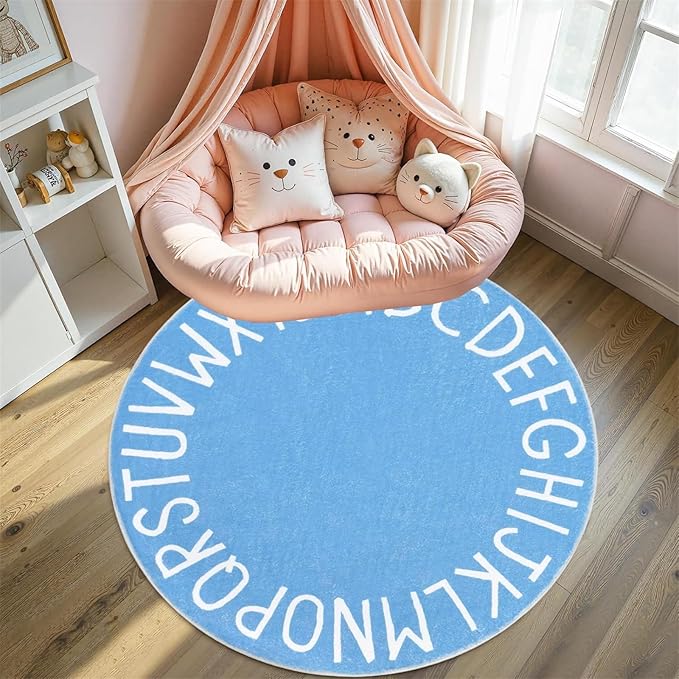 Round ABC Kids Carpet Alphabet Nursery Area Rug Extra Large Soft Crawling Play Mat Suitable for Children's Bedrooms - Non-Slip and Machine Washable-2.6ft Blue