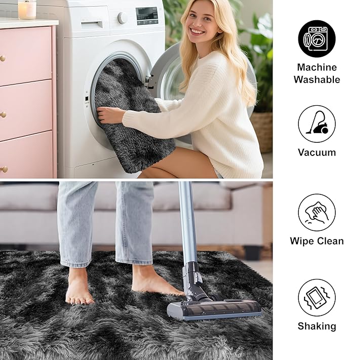 3x10ft Plush High Pile Black Tie-Dyed Rug Fluffy Soft Runner Bedside Rug for Bedroom Living Room Hallway Nursery Kids Home Decor Shag Carpet