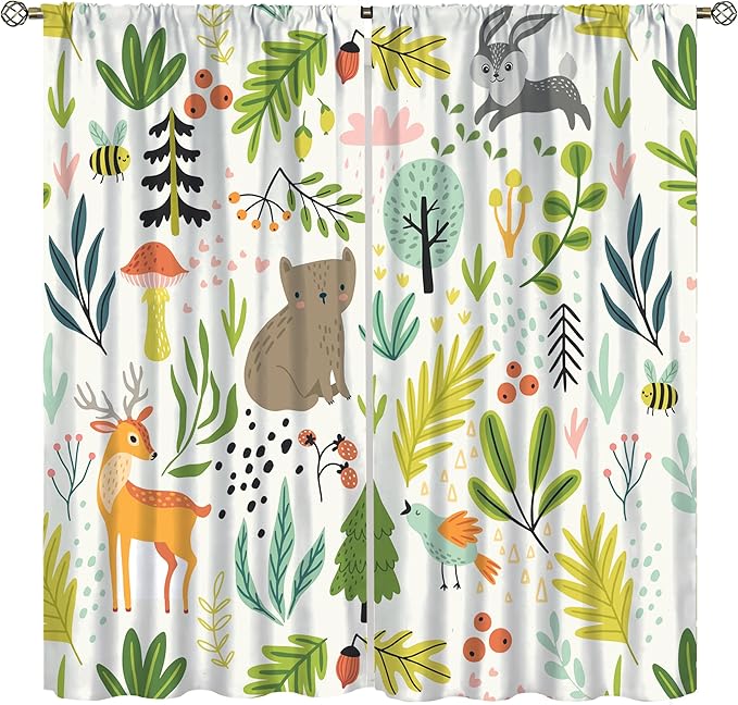 Kid Forest Animal Curtains,Woodland Animal Cartoon Watercolor Forest Hedgehog Fox Toddler Boys Girls Bedroom Living Room Window Drapes 63x63in