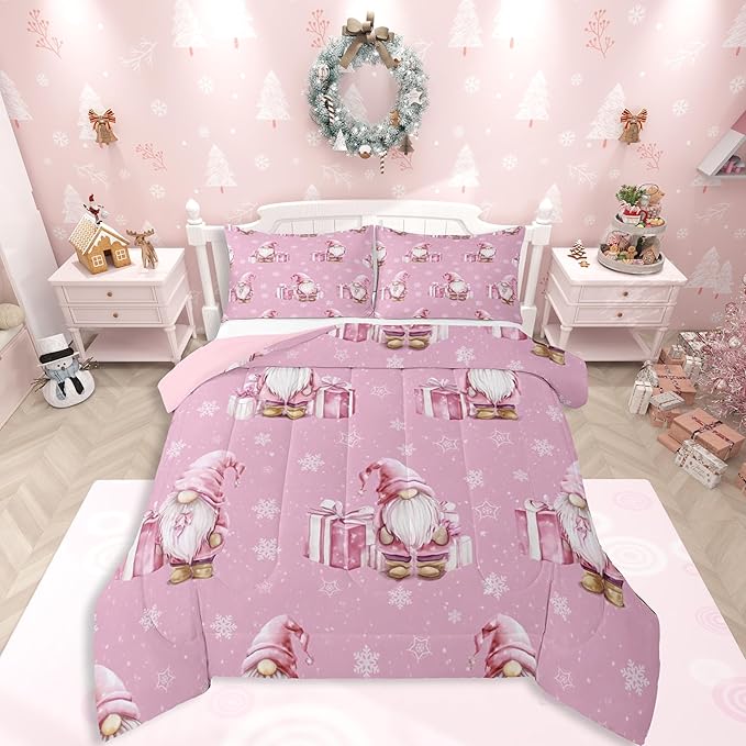 Feelyou Pink Christmas Bedding Set Soft for Boys Girls, Scandinavian Christmas Santa Gnomes Comforter Set Twin Size Xmas Snowflake Duvet Quilt Bedroom Decor 2 Pcs with 1 Pillow Cases