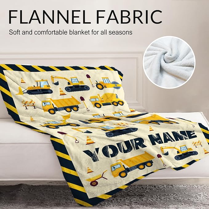 Personalized Construction Throw Blanket for Boys - 60" x 80" Inches Construction Throws Gift - Yellow Lightweight Fuzzy Blanket for Bed, Couch, Travel