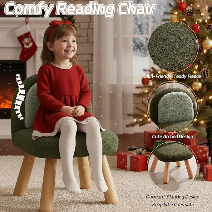 Kid Chairs Sherpa Toddler Chairs Comfy Kids Desk Chair, Wood Toddler Couch Sofa, Soft Kid Reading Chair with Padded Back, Boy Girls Chair for Deskk, Desk Chair for Kids Bedroom/Playroom, Green