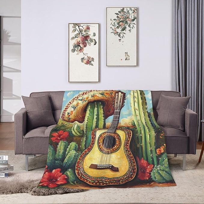 Mexican Blanket Cactus Guitar Decor Throw Blanket Super Soft Flannel Lightweight Fluffy Plush Cozy Fuzzy Fleece Cowboy Western Gifts Blanket for Kids Boys Adults Man for Bed Sofa 40"X50"