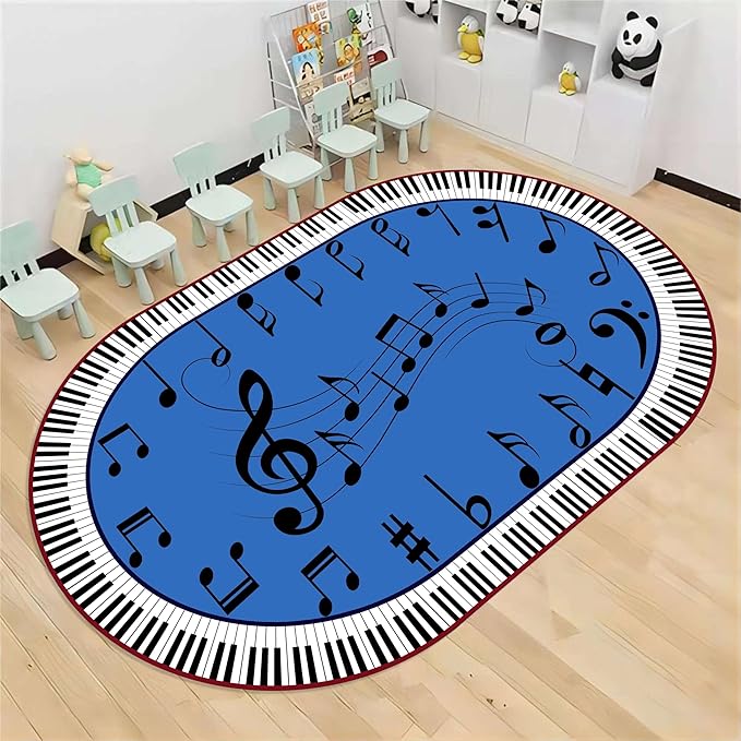 Kids Piano Music Area Rug, 4x5ft, Black and White Keys Musical Notes Design Rug, Music Classroom Decorative Floor Mats, Non-Slip Washable Indoor Carpet for Children's Bedroom Playroom Nursery