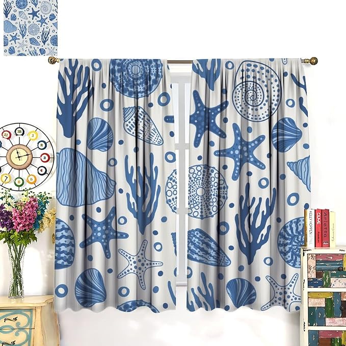 BAEKJIN Coastal Nautical Curtains,Coral Starfish Seashell Beach Sea Starfish Seashell Theme Pattern Print Decor Bedroom Living Room Window Treatmen 11 Panel Set 42x45 Inch