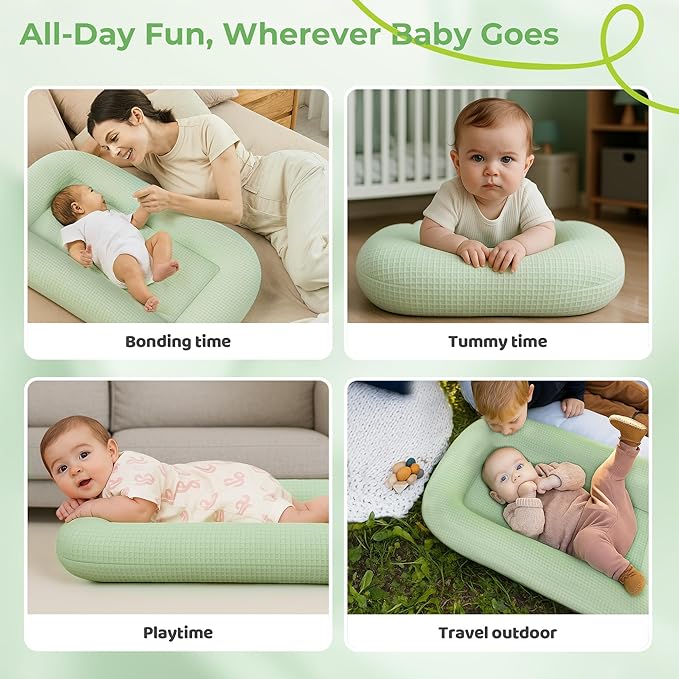 Baby Lounger for Newborn - Infant Lounger 0-24 Months with Lounger Cover, Cooling Baby Nest Lounger, Breathable Waffle Fabric & 3D Support, Portable Newborn Essentials, Green
