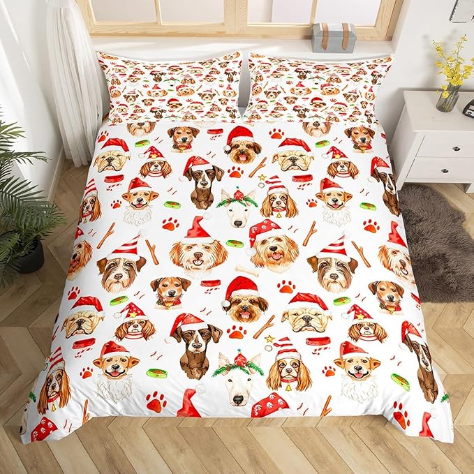 Christmas Kids Bedding Set Cartoon Puppy Dogs Xmas Theme Bedding Duvet Cover Set for Boys Girls New Year Decor Comforter Cover Set Animal Pattern Bedspread Cover Bedroom Quilt Cover 3Pcs King Size