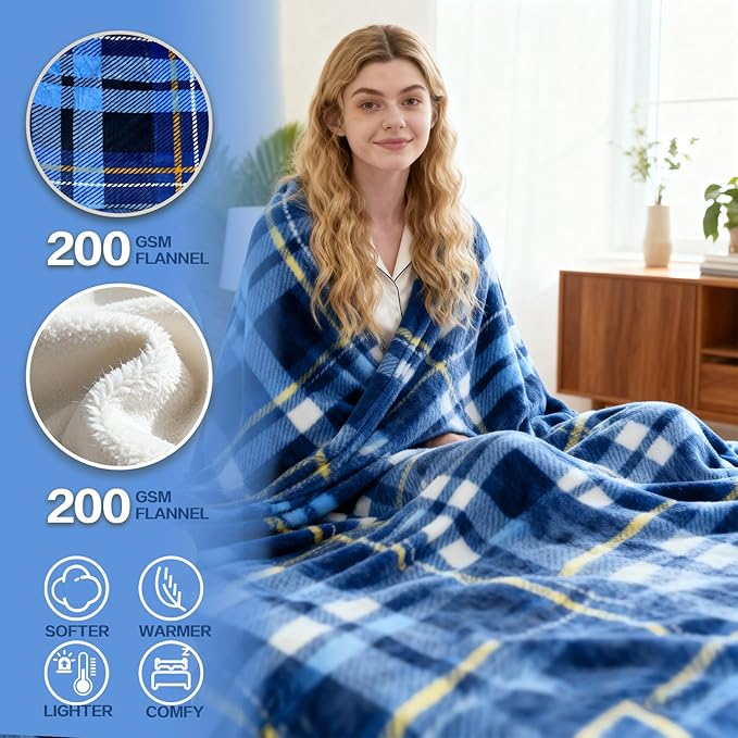 Electric Blanket Heated King, Soft Flannel 100"x90" Plaid Heating Blanket with 8 Hours Auto Off 10 Fast Heating Levels Machine Washable Sherpa Heated Blanket with Overheating Protection