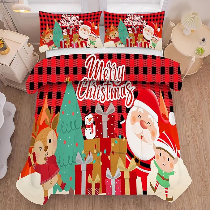 Christmas Comforter Set Queen Size Plaid Bedding Sets for Kids Boys Girls Bedroom Xmas Gift Christmas Festival Quilt Set,1 Comforter + 2 Pillow Cases