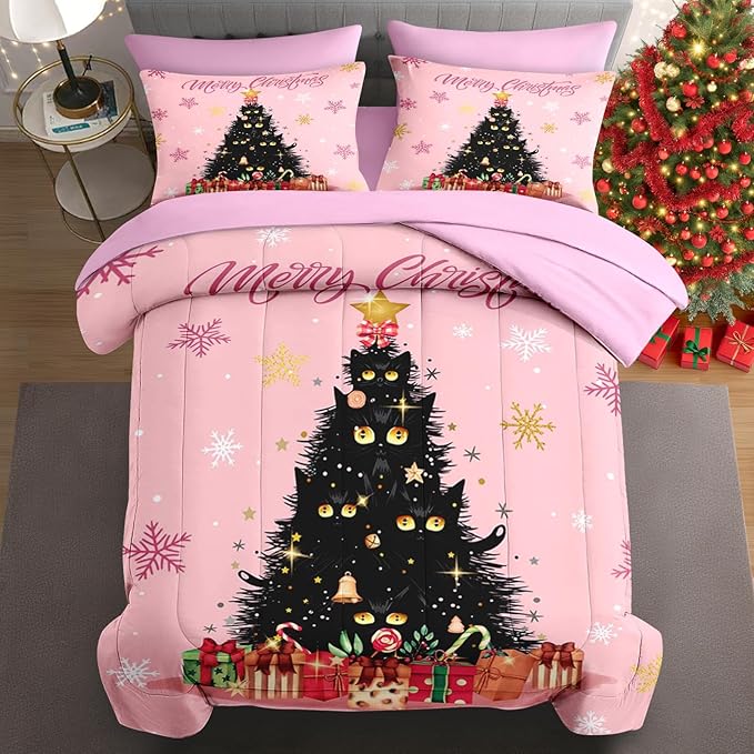 5 Pcs Twin Size Christmas Comforter Set with Pillowcase & Sham, Black Cat Xmas Trees Bedding for Kids and Adults, Pink Snowflakes Bed in a Bag with Flat Fitted Sheet