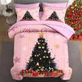 5 Pcs Twin Size Christmas Comforter Set with Pillowcase & Sham, Black Cat Xmas Trees Bedding for Kids and Adults, Pink Snowflakes Bed in a Bag with Flat Fitted Sheet