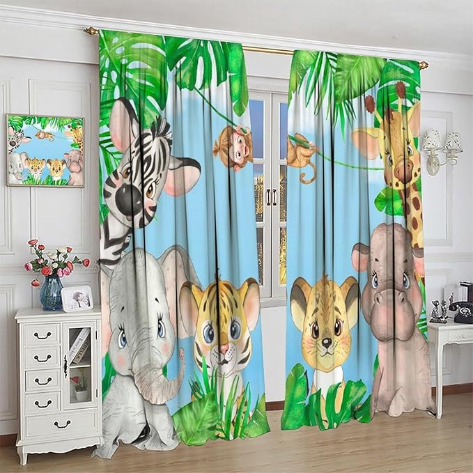 Kids Animals Blackout Curtains Watercolor Cartoon Cute Animals Green Jungle Art Printed for Children Girls Boys Bedroom Nursery Rod Pocket Decoration Window Drapes 2 Panels W31.5xL63in
