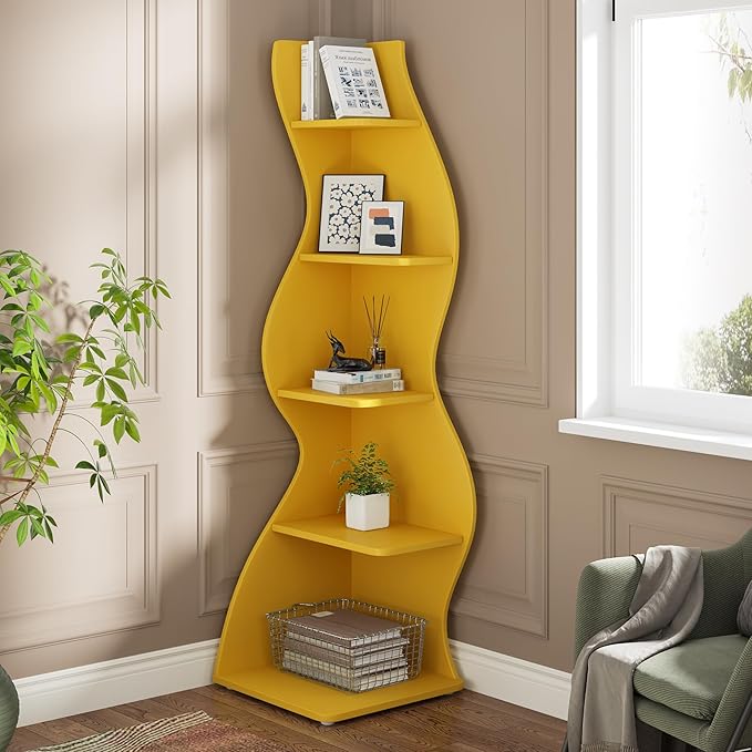 Tribesigns Wavy Corner Shelf, Modern 5-Tier Bookshelf Bookcase with Curvy Shape, Unique Plant Stand Display Rack for Living Room Small Space (Yellow)