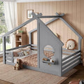 SOFTSEA Full Size House Bed Frame, Kids Floor House Bed with Window and with Storage Shelf for Boys Girls, Wood Montessori Bed with Roof and Guardrails, Grey