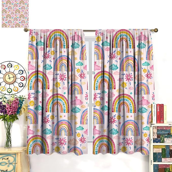 Kids Rainbow Curtains Boho Cartoon Colorful Stars Pink Lovely Rainbow Abstract Art Pattern Print Window Drapes for Bedroom Living Room Kitchen Decor,2 Panel Set,42x45 Inch Decor