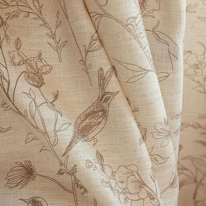 ENJOYBRIDAL Floral Curtains 63 Inch Long Farmhouse Semi Sheer Drapes Bird Patterned Short Rod Pocket 2 Panel Sets Window Curtains Boho Bedroom Living Room Botanical Decor Tassel Window Treatment