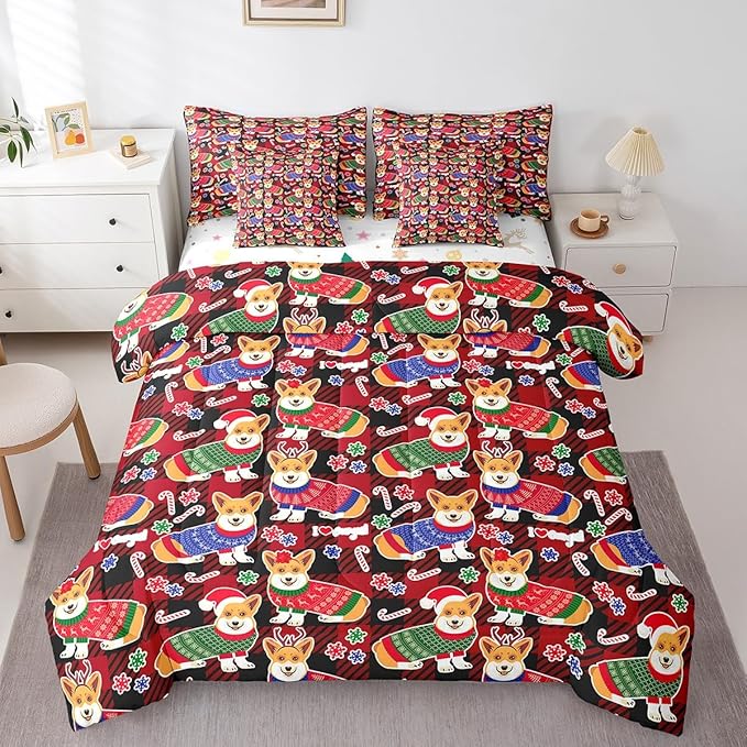 Feelyou Cute Dog Comforter Set with Sheets Cartoon Christmas Bed Set for Kids Boys Girls Merry Christmas Decor Bed in a Bag Red Geometric Lattice Bedding Set Bedroom Collection Queen Size