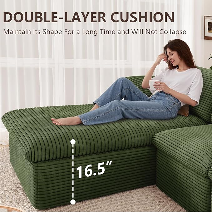 136 Inch Cloud Sectional Couch, Modern Modular Sectional Sofa with Deep Seat, Corduroy Boneless Couches with L-Shape Chaise for Living Room Bedroom, No Assembly Required (Green, Left Facing Chaise)