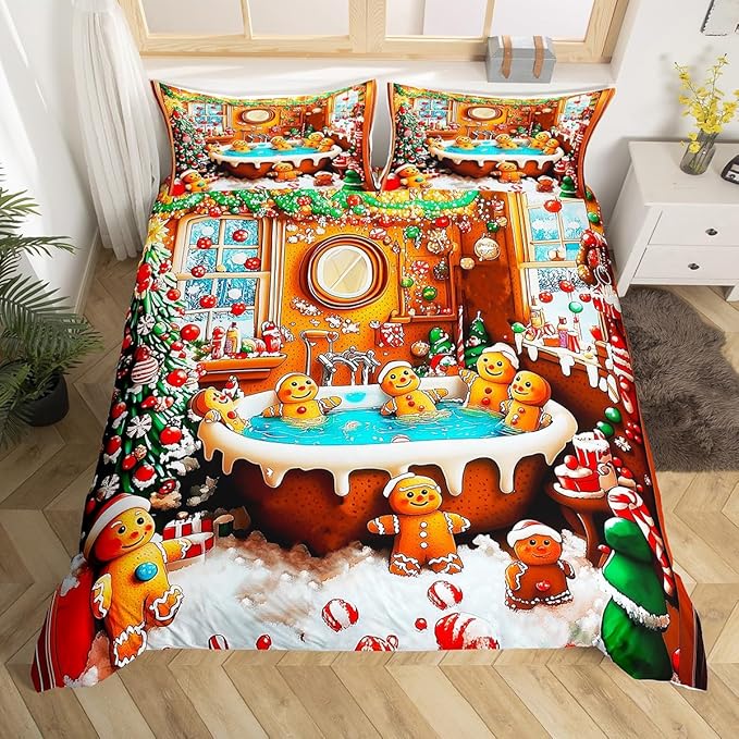 Feelyou Kids Christmas Gingerbread House Duvet Cover, Funny Gingerbread Man Bedding Set, Toddler Size, Merry Christmas Comforter Cover