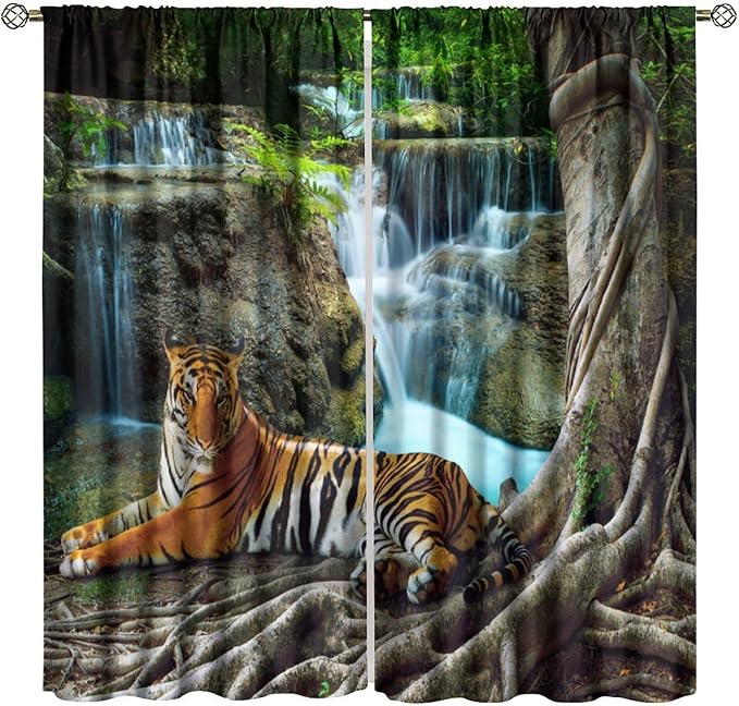Waterfall Landscape Blackout Curtains, Spring Forest Animal Tiger Tree Waterfall Nature Window Drapes, for Bedroom Living Room 84" W X 84" L