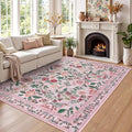 Pink Floral 5x7 Area Rug, Washable Non-Slip Boho Rugs for Living Room Low Pile Flower Birds Bedroom Rug, Soft Non-Shedding Botanical Indoor Carpet for Nursery Playroom Dining Room
