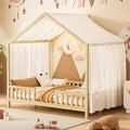Montessori Floor Bed with Canopy, High Railings and Roof, Full Size Wood House Bed Frame for Kids Bedroom (Natural/C)