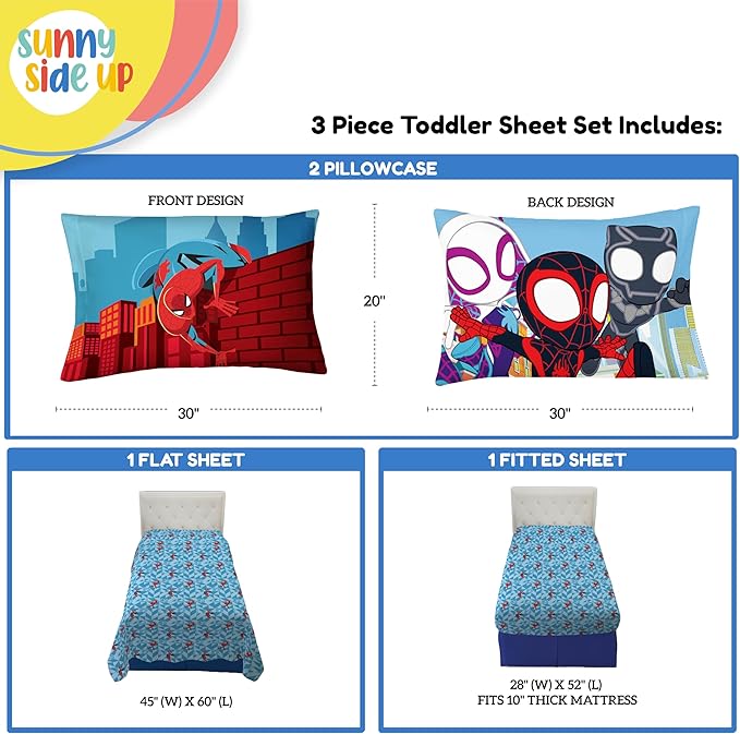 Sunny Side Up Kids Sheet Set Includes Sheets and Pillow Cover - 100% Microfiber Bedding and Room Decor, Blue - Spiderman, 3 Piece Toddler