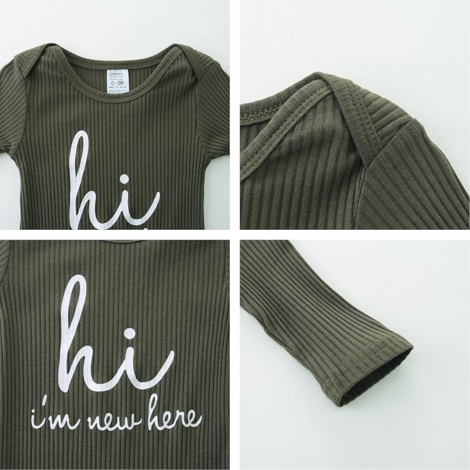 Baby Romper with Baby Mittens & Newborn Hats Footless Long Sleeve Solid Onesie Hi Im New Here