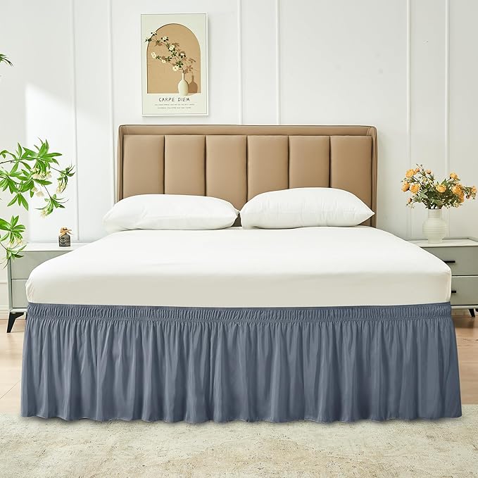 Biscaynebay Wrap Around Bed Skirts for Full & Full XL Beds Short Drop of 12", Dark Grey Adjustable Elastic Dust Ruffles Easy Fit Wrinkle Resistant Silky Luxurious Fabric Machine Washable