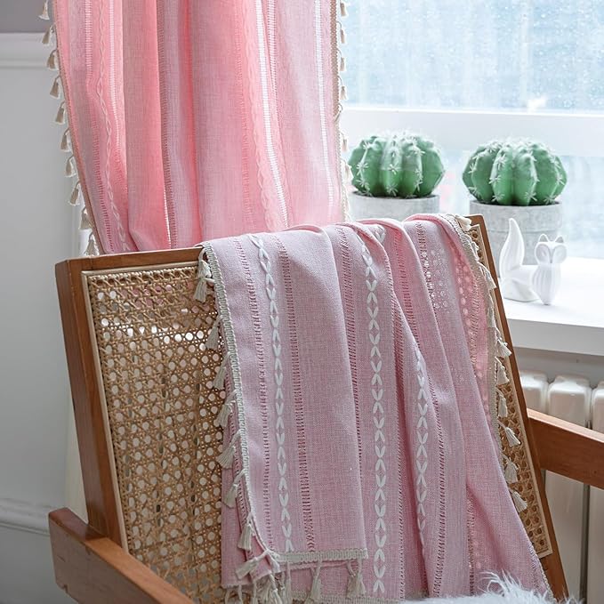 Deeprove Pink Boho Curtains for Kids Room Girls Nursery Room, Pretty Princess Theme Home Decoration Privacy Protection, Bohemian Semi-Blackout Light Filter Window Tassel Drape (1 Panel,52" x 90")