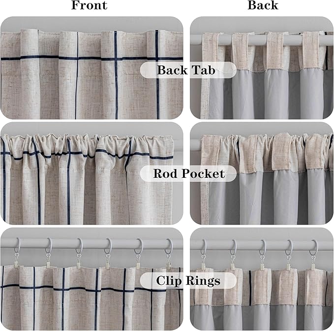 MYSKY HOME 100% Blackout Plaid Linen Curtains 45 Inches Long Double Layer Farmhouse Thermal Insulated Checkered Print Drapes with Back Tab Rod Pocket for Bedroom, 2 Panels, 52" Wide, Navy Blue