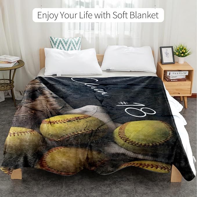 Personalized Baby Softball Bed Blanket: Custom Name and Number Sport Blankets for Toddler Boys Girls Adults Birthday Mothers Fathers Easter (50x60inch)