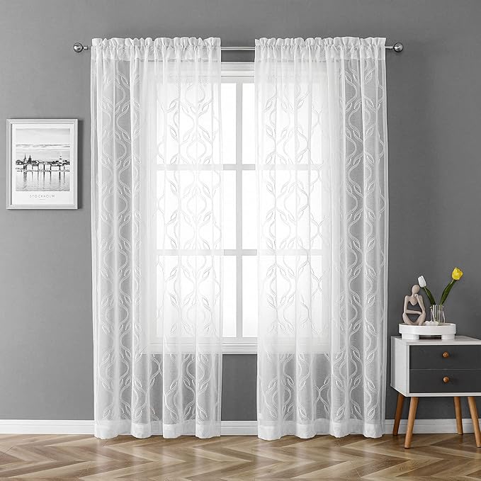 VISIONTEX Sheer Curtains 108 Inches Long 2 Panels Set, White Moroccan Embroidery Texture Geometric Rod Pocket White Voile Tulle Semi Window Treatment Pair for Bedroom, W54 x L108