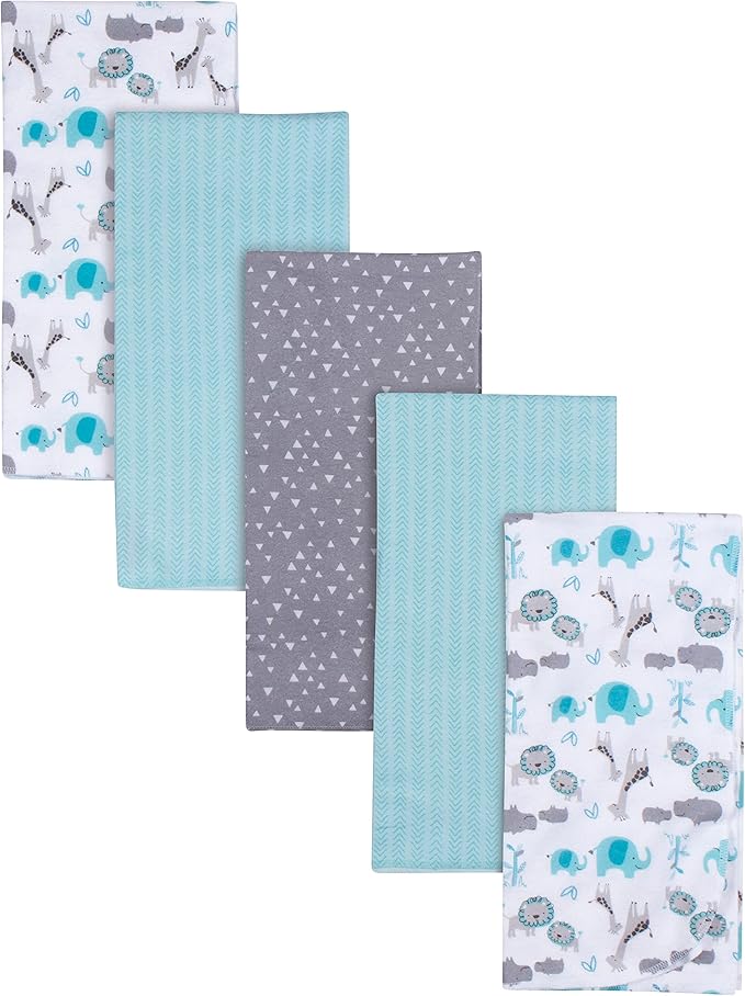 Gerber Boys Newborn Infant Baby Toddler Nursery 100% Cotton Flannel Receiving Swaddle Blanket, Safari White, Pack of 5
