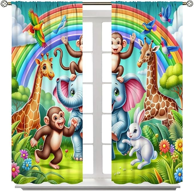Animals Window Curtain Rod Pocket Kids Boys Girls Forest Giraffe Elephant Monkey Flowers Window Treatment for Baby Children Bedroom Living Room 55" W X 63" L